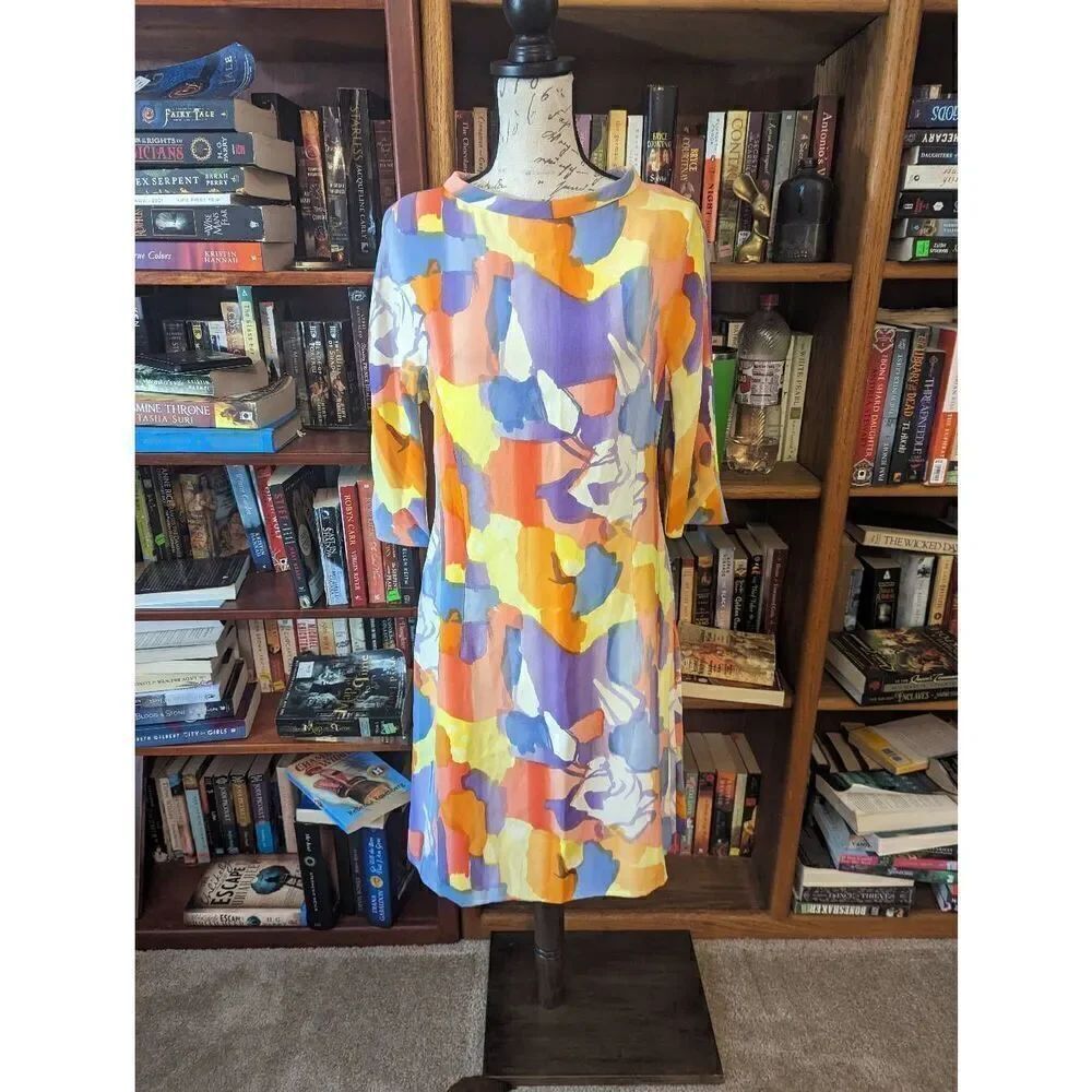 Vintage 60s Maria Raldi Genova Women Small Abstract Watercolor MIDI Dress Mod